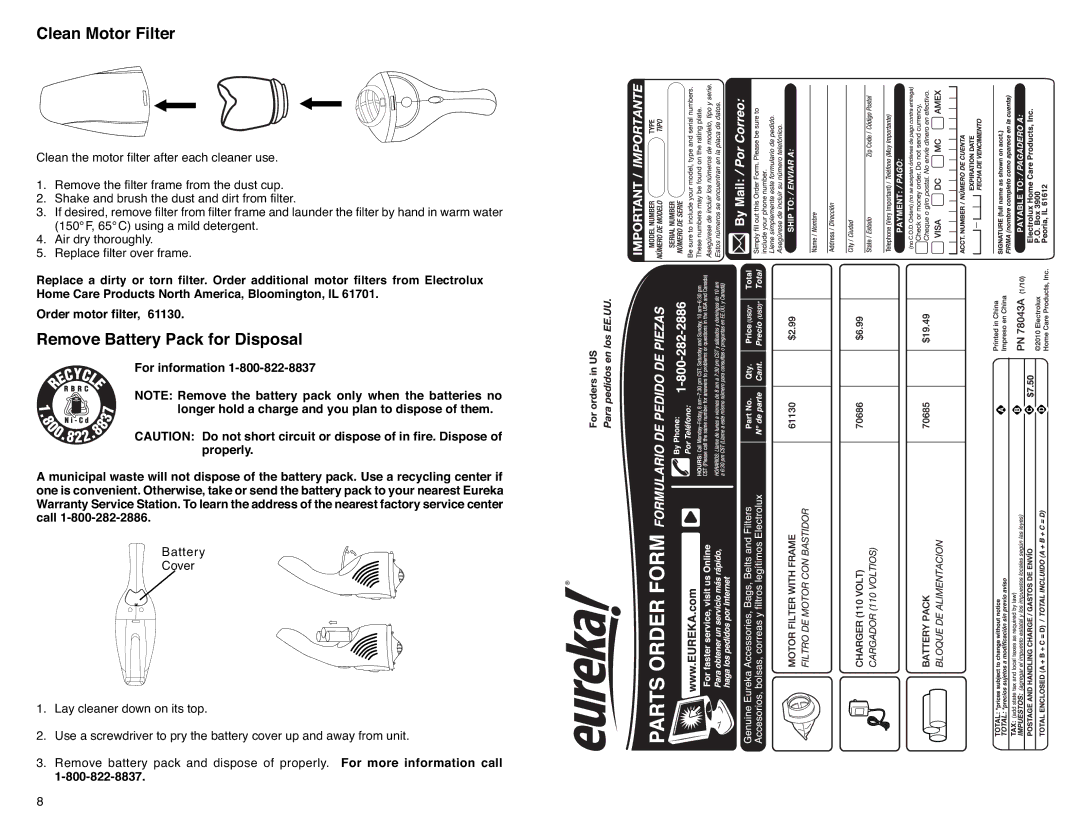 Eureka! Tents 79 SERIES warranty Clean Motor Filter, Remove Battery Pack for Disposal 