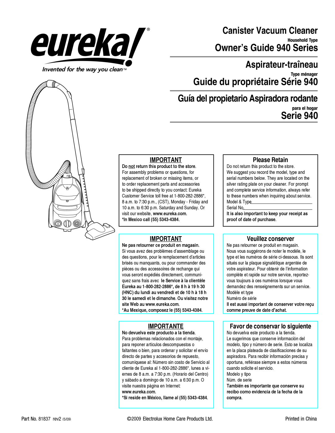Eureka! Tents 940 manual Guía del propietario Aspiradora rodante, Please Retain, Importante, Veuillez conserver, Serie 