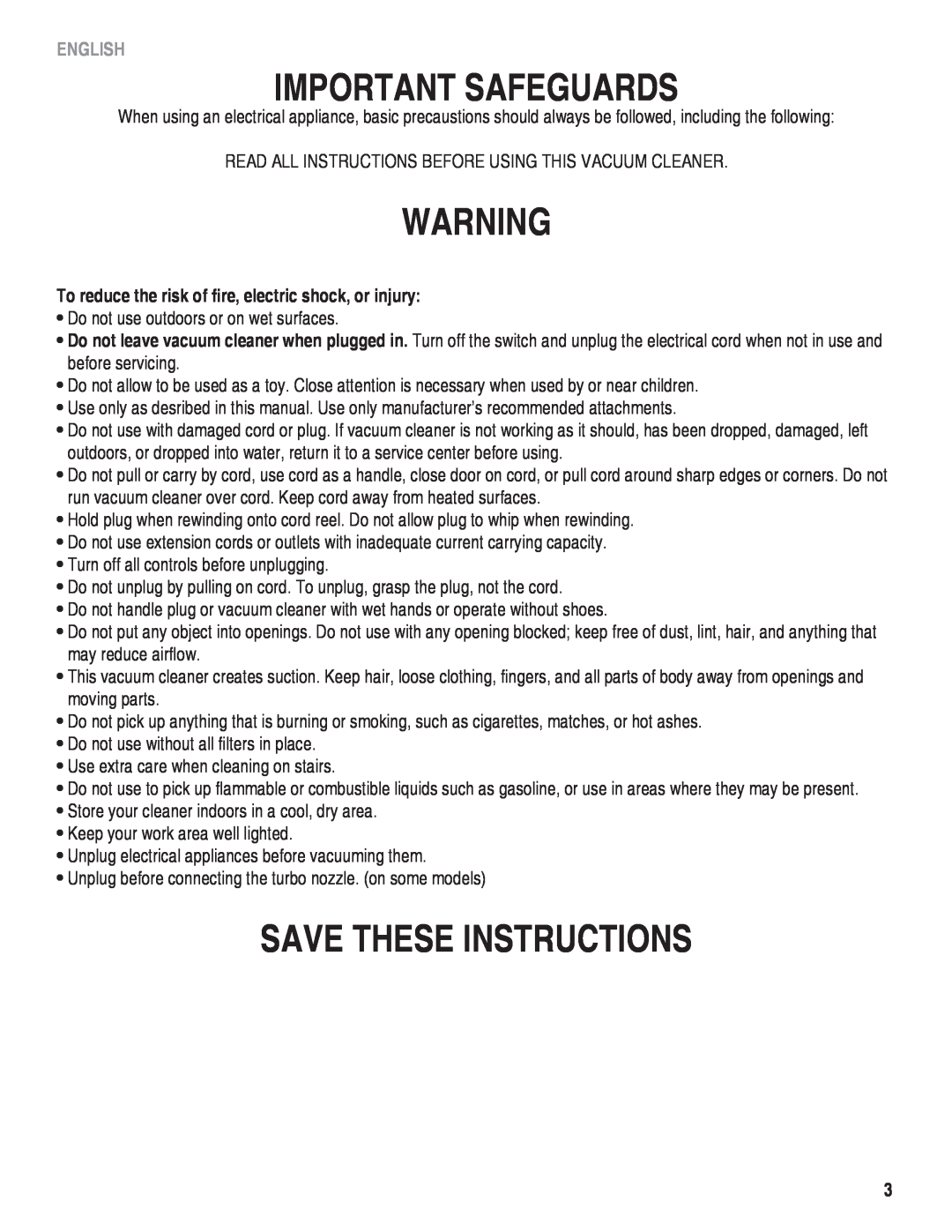 Eureka! Tents 940 Important Safeguards, Save These Instructions, To reduce the risk of fire, electric shock, or injury 