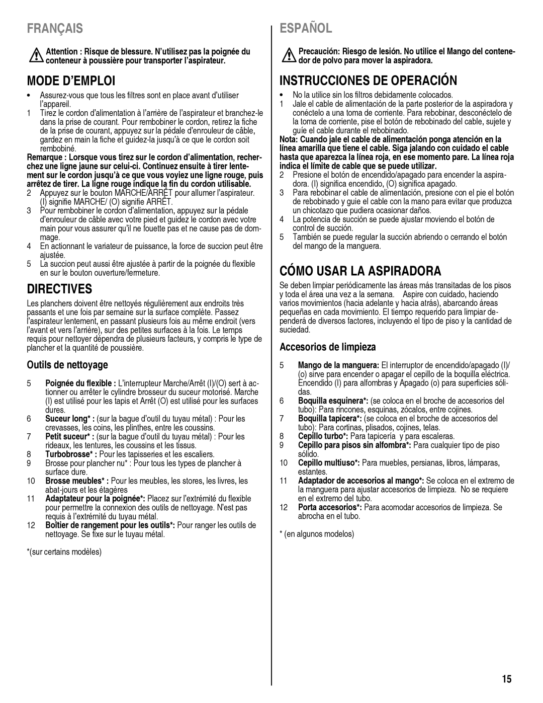 Eureka! Tents 950 manual Mode D’EMPLOI, Directives, Instrucciones DE Operación, Cómo Usar LA Aspiradora 