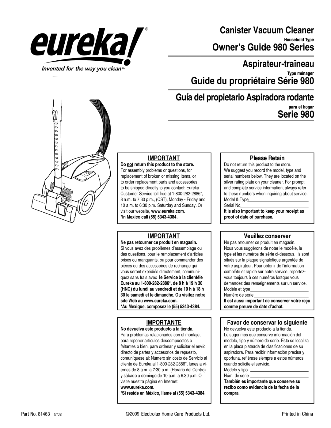 Eureka! Tents 980 manual Please Retain, Importante, Veuillez conserver, Favor de conservar lo siguiente 