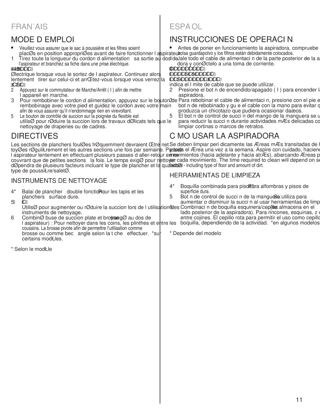 Eureka! Tents 980 manual Mode D’EMPLOI, Directives, Instrucciones DE Operación, Cómo Usar LA Aspiradora 