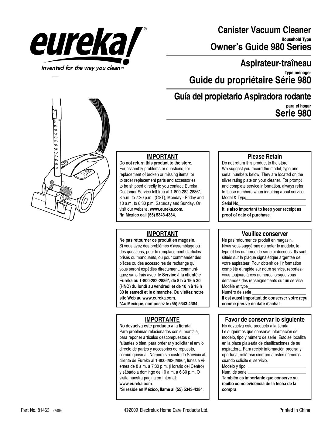 Eureka! Tents manual Guía del propietario Aspiradora rodante, Owner’s Guide 980 Series Aspirateur-traîneau, 7/09 
