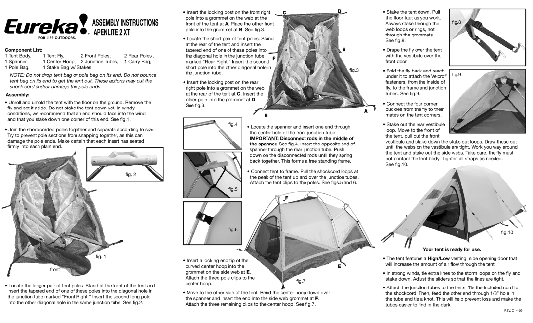 Eureka! Tents alpenlite 2XT, APENLITE 2 XT manual Component List, Assembly, Important Disconnect rods in the middle 