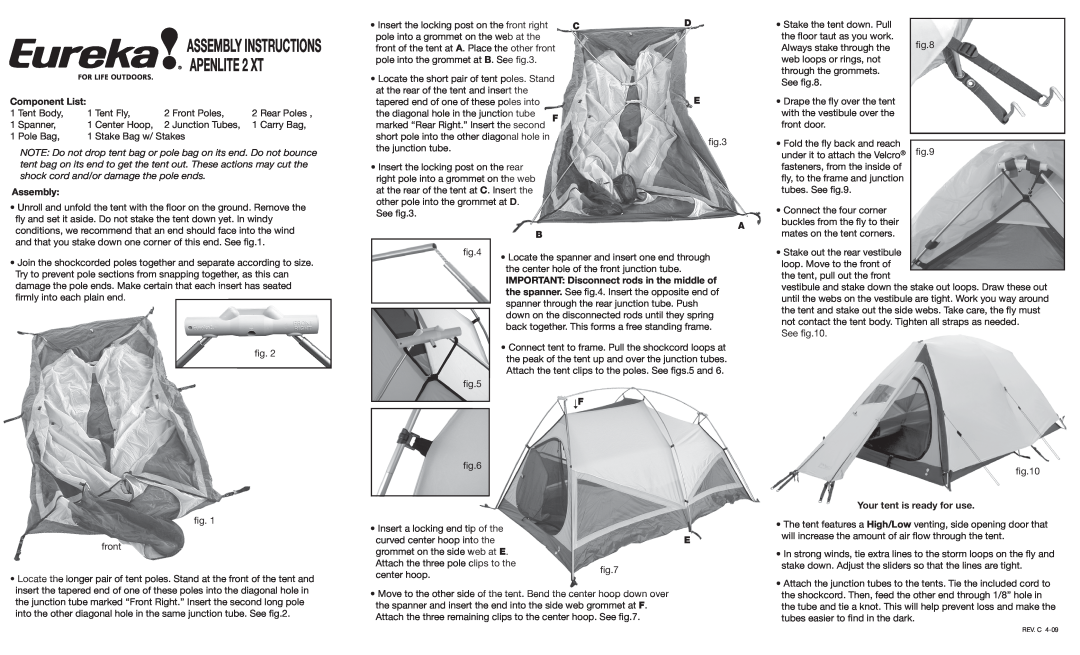 Eureka! Tents alpenlite 2XT manual ASSEMBLY INSTRUCTIONS APENLITE 2 XT, Component List, Assembly 