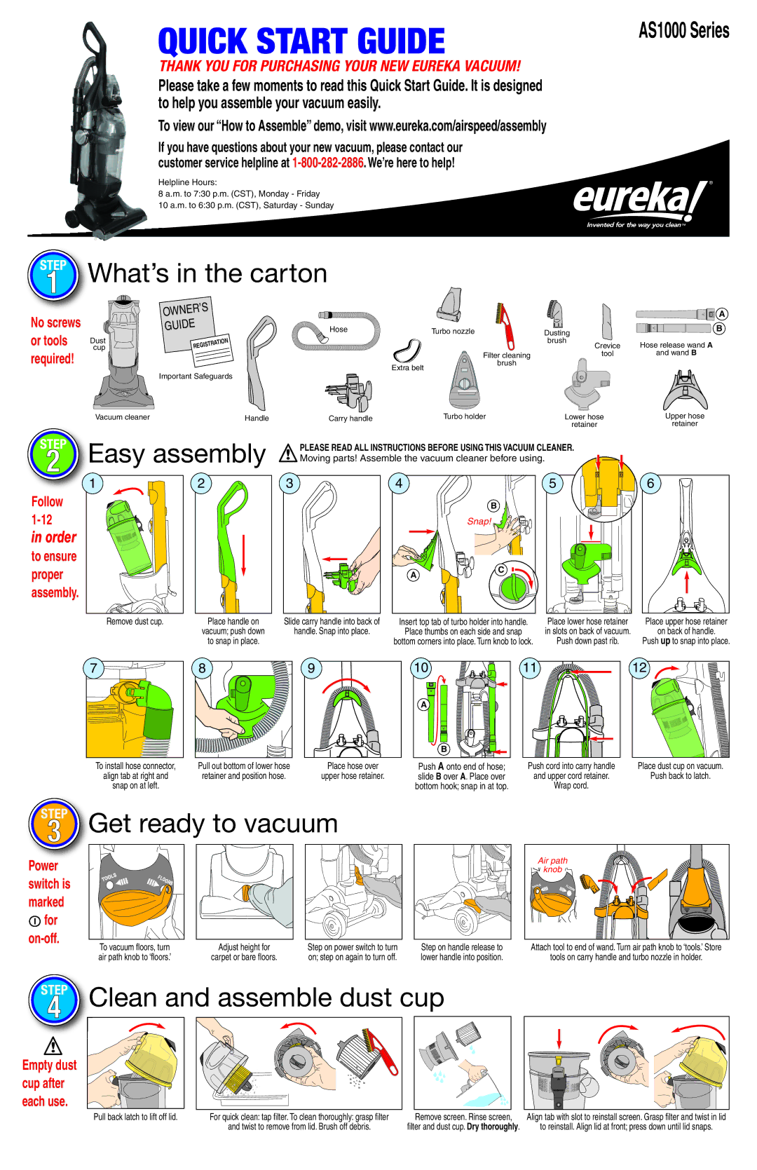 Eureka! Tents AS1000 quick start What’s in the carton, Easy assembly, Get ready to vacuum, Clean and assemble dust cup 