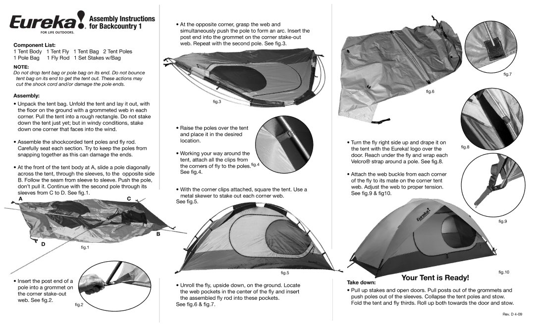 Eureka! Tents Backcountry 1 manual Component List, Assembly, Take down 