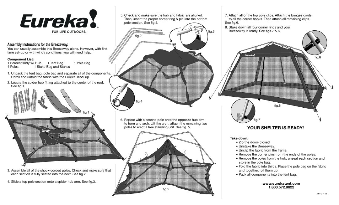 Eureka! Tents Breezeway manual Your Shelter is Ready, Component List, Take down 