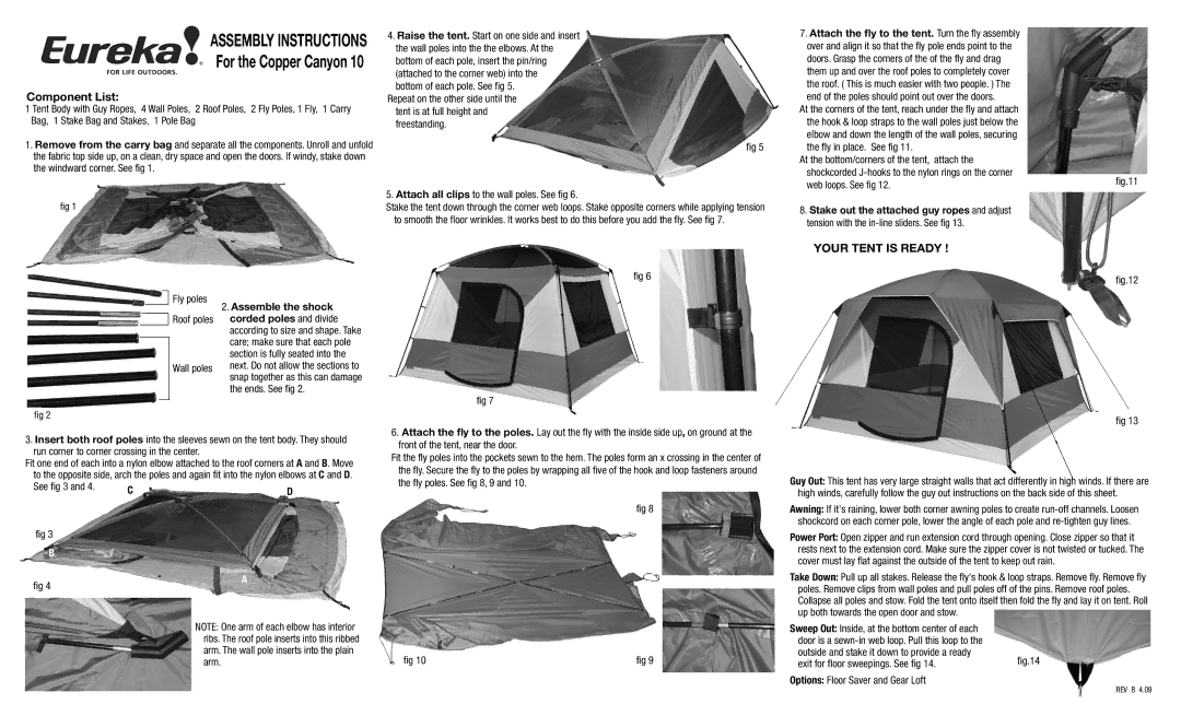 Eureka! Tents Copper Canyon 10 manual Roof poles Wall poles, Door is a sewn-in web loop. Pull this loop to 