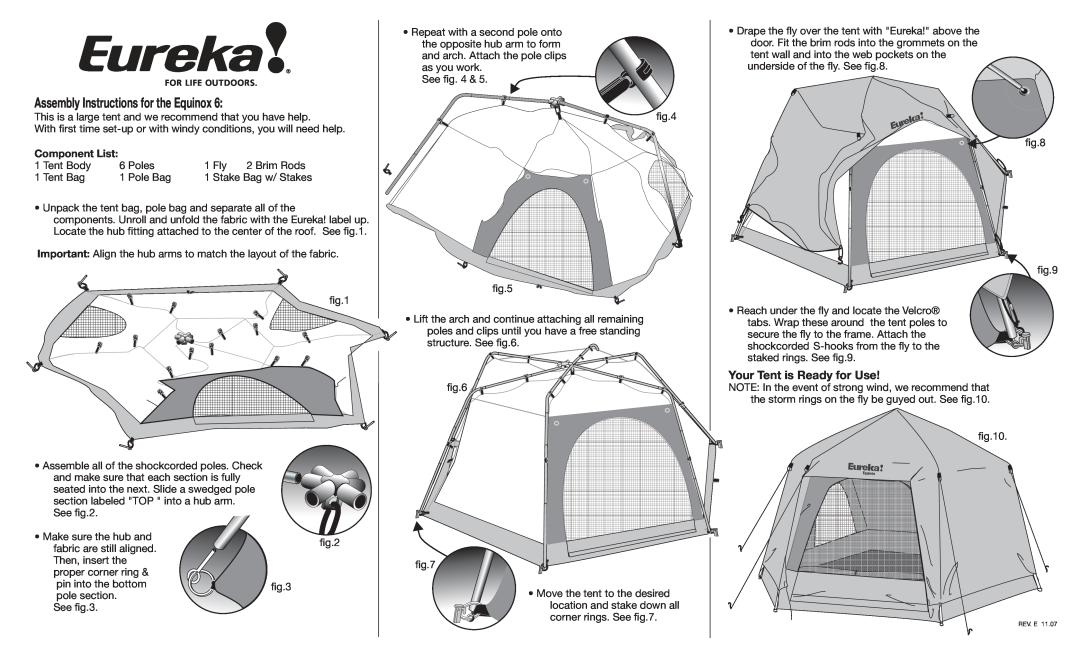 Eureka! Tents Equinox 6 manual Assembly Instructions for the Equinox, Your Tent is Ready for Use, Component List 