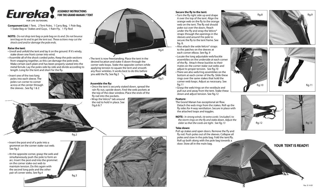 Eureka! Tents Grand Manan 7 manual Secure the y to the tent, Raise the tent, Assemble the y, Feature, Take down 