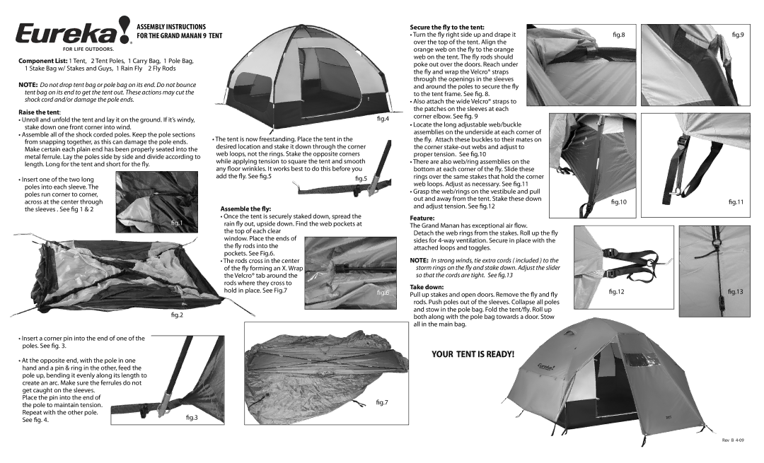 Eureka! Tents Grand Manan 9 manual Secure the y to the tent, Feature, Take down 