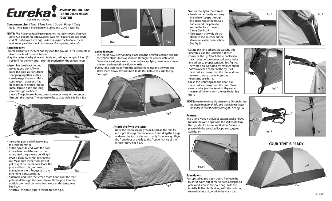 Eureka! Tents Grand Manan Tour manual Raise the tent, Stake it down, Secure the y to the frame, Feature, Take down 