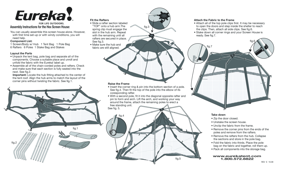 Eureka! Tents Hex Screen House manual Component List, Layout the Parts, Fit the Rafters, Raise the Frame, Take down 