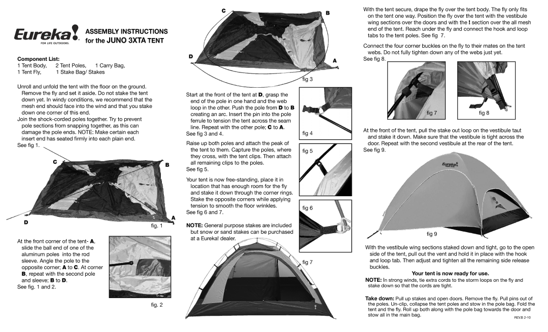 Eureka! Tents JUNO 3XTA manual Component List, Your tent is now ready for use 