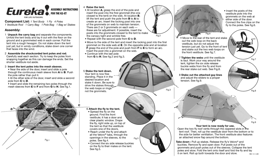 Eureka! Tents K2-XT manual Raise the tent, Stake the tent down, Attach the ﬂy to the tent 