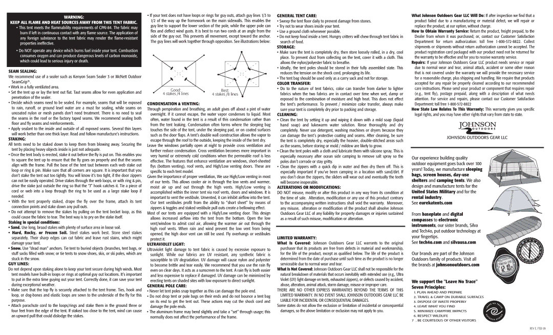 Eureka! Tents K2-XT manual Seam Sealing, Staking, GUY Lines, Condensation & Venting, Ultraviolet Light, General Pole Care 