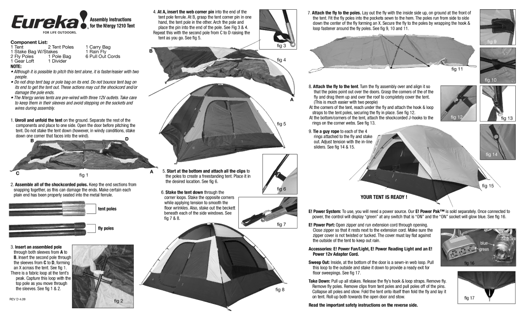 Eureka! Tents N!ergy 1210 important safety instructions Component List, Stake the tent down through, Tent poles, ﬂy poles 