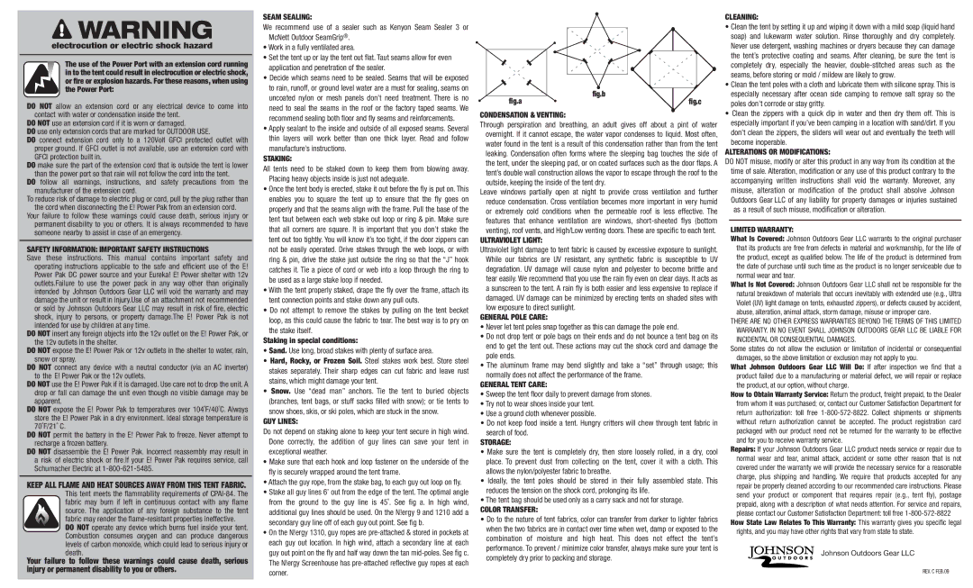 Eureka! Tents N!ergy 1210 Safety Information Important Safety Instructions, Seam Sealing, Staking, GUY Lines, Storage 