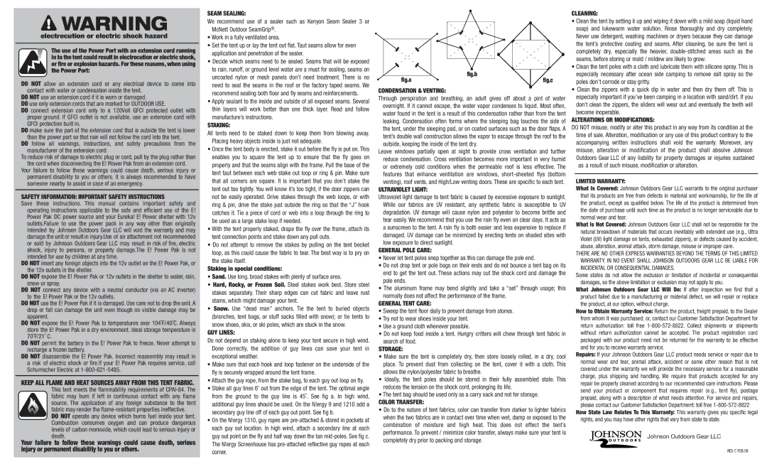 Eureka! Tents N!ergy 1310 Safety Information Important Safety Instructions, Seam Sealing, Staking, GUY Lines, Storage 