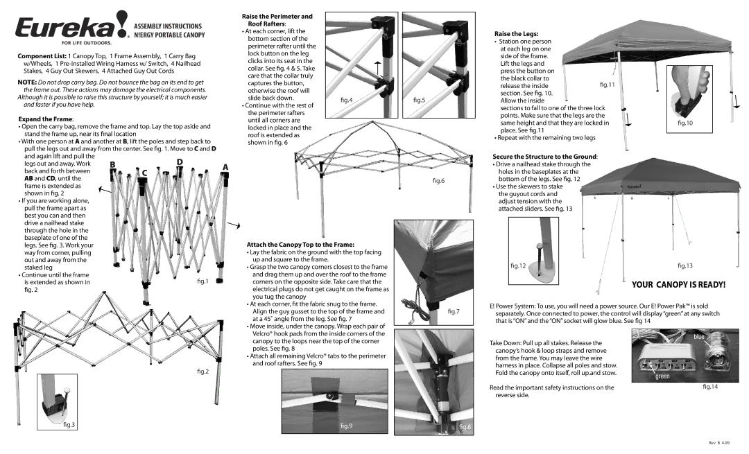 Eureka! Tents N!ergy Portable Canopy important safety instructions Assembly Instructions, Ergy Portable Canopy 