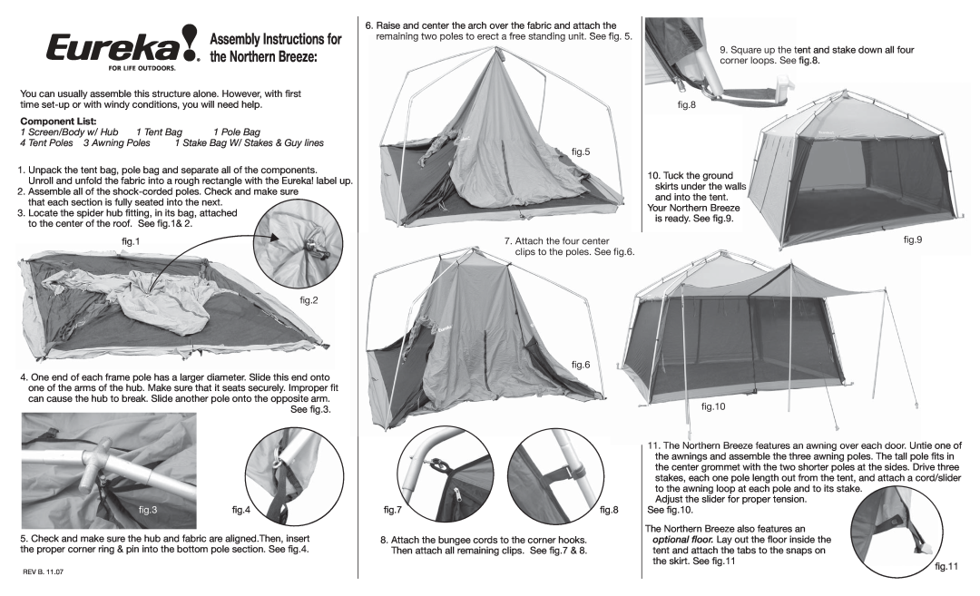 Eureka! Tents manual Assembly Instructions for the Northern Breeze, Component List, Screen/Body w/ Hub 1 Tent Bag 