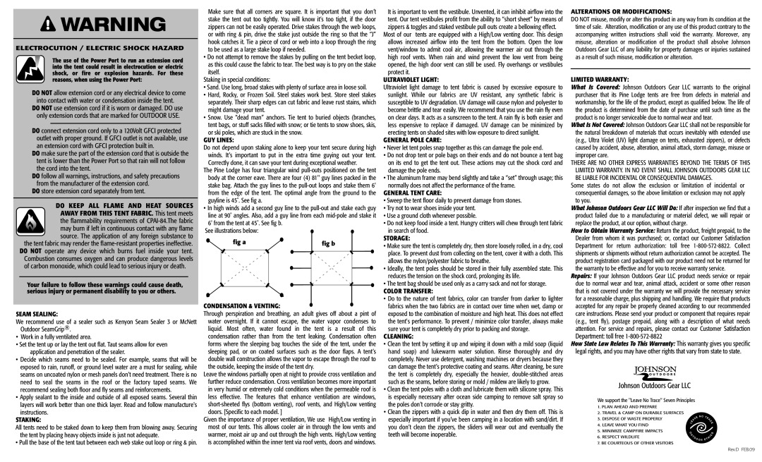 Eureka! Tents Pine Lodge manual Electrocution / Electric Shock Hazard, Seam Sealing, Staking, GUY Lines, Ultraviolet Light 