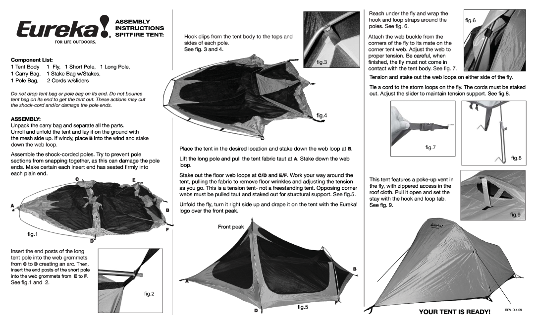 Eureka! Tents Spitfire manual Your Tent Is Ready, ASSEMBLY INSTRUCTIONS SPITFIRE TENT Component List, Assembly, See and 