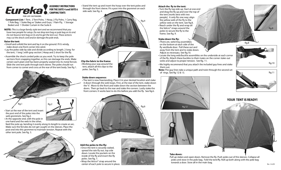 Eureka! Tents Suite 4 manual Raise the tent, Clip the fabric to the frame, Stake down sequence, Attach the y to the tent 