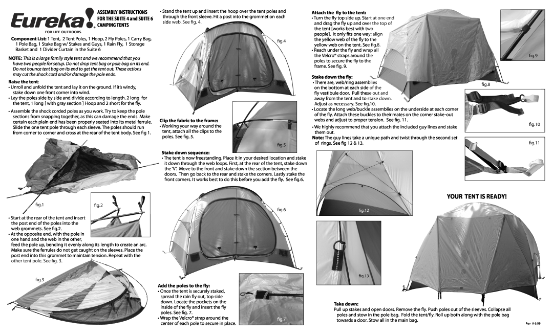 Eureka! Tents Suite 4 manual Your Tent Is Ready, FOR THE SUITE 4 and SUITE CAMPING TENTS, Assembly Instructions, Take down 