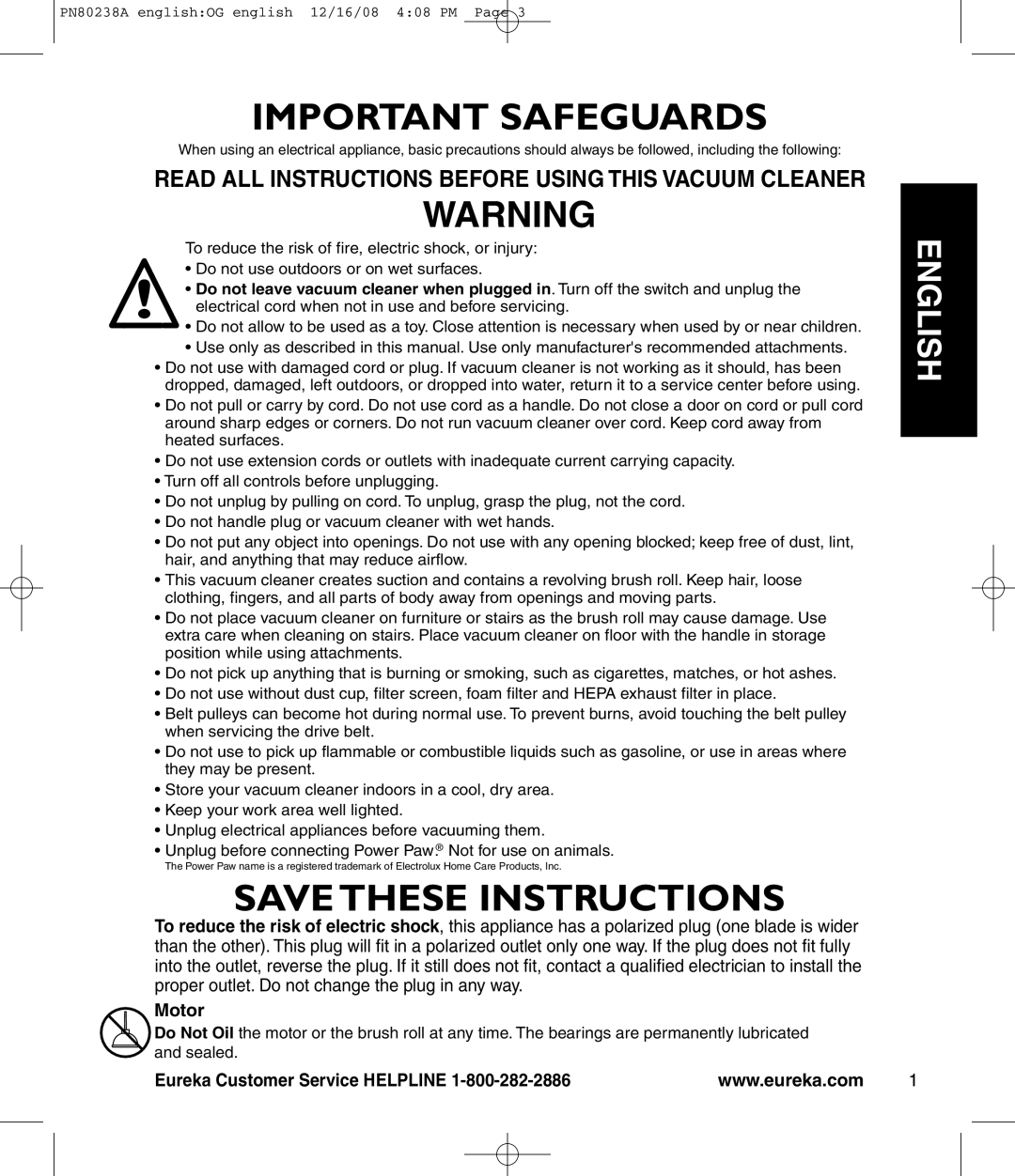 Eureka upright vacuum cleaner household type manual English, Motor, Important Safeguards, Save These Instructions 