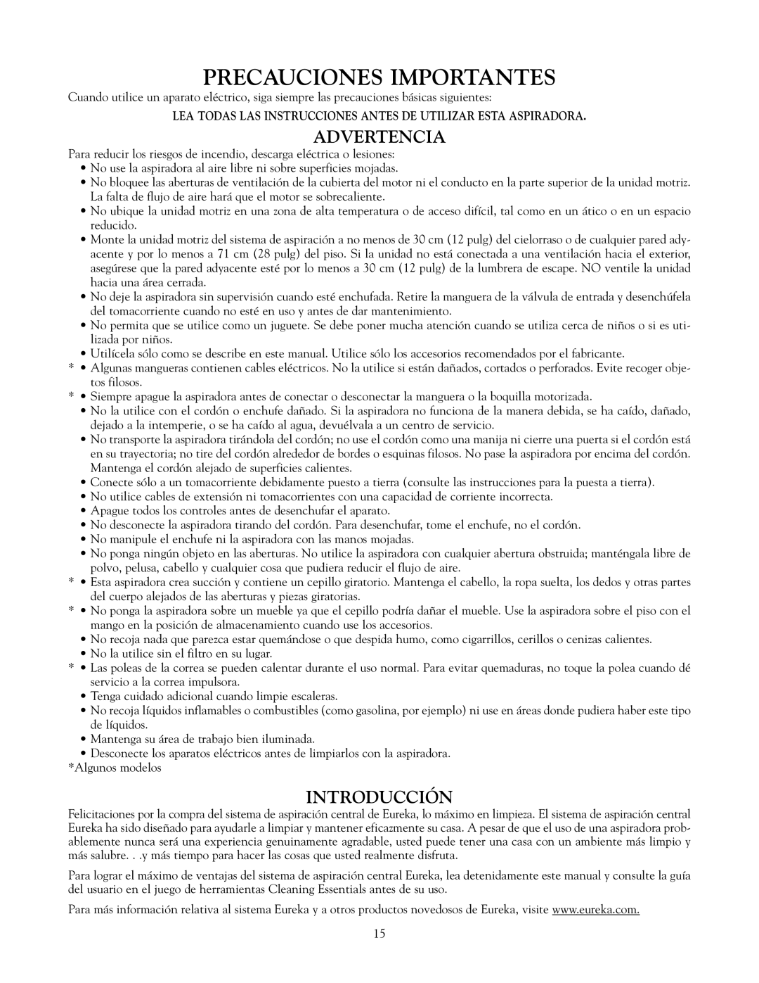 Eureka Vacuum System Cleaner owner manual Advertencia, Introducción 