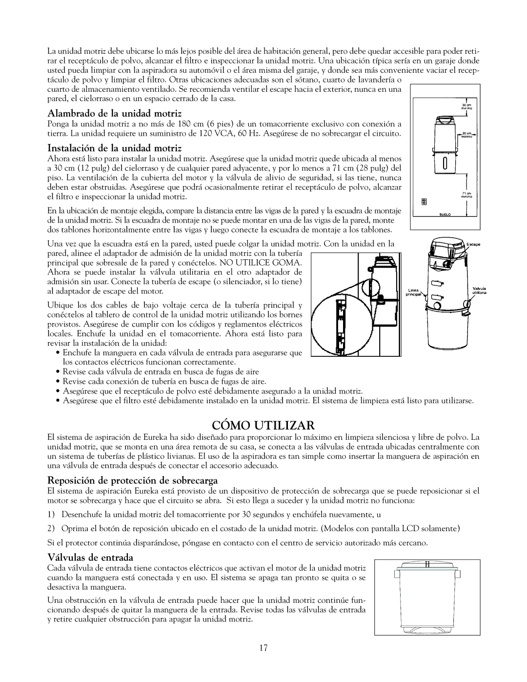 Eureka Vacuum System Cleaner owner manual Cómo Utilizar, Alambrado de la unidad motriz, Instalación de la unidad motriz 