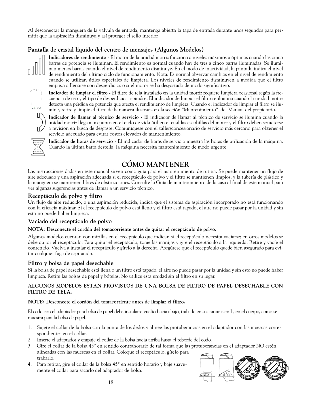 Eureka Vacuum System Cleaner owner manual Cómo Mantener, Receptáculo de polvo y filtro, Vaciado del receptáculo de polvo 