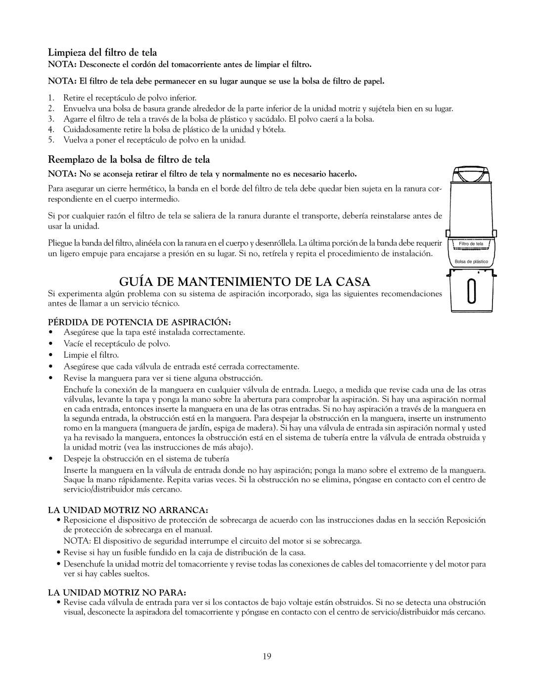 Eureka Vacuum System Cleaner owner manual Guía DE Mantenimiento DE LA Casa, Limpieza del filtro de tela 