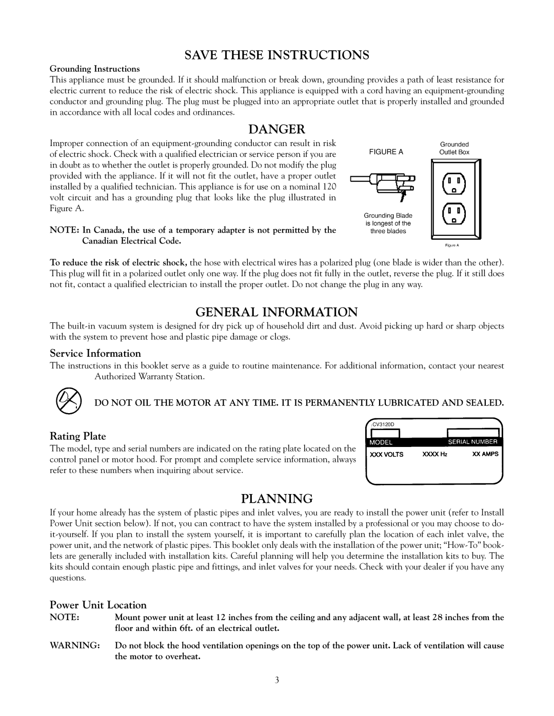 Eureka Vacuum System Cleaner General Information, Planning, Service Information, Rating Plate, Power Unit Location 