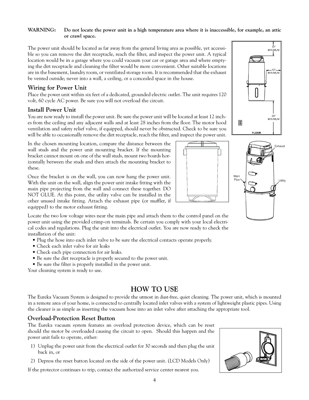 Eureka Vacuum System Cleaner HOW to USE, Wiring for Power Unit, Install Power Unit, Overload-Protection Reset Button 