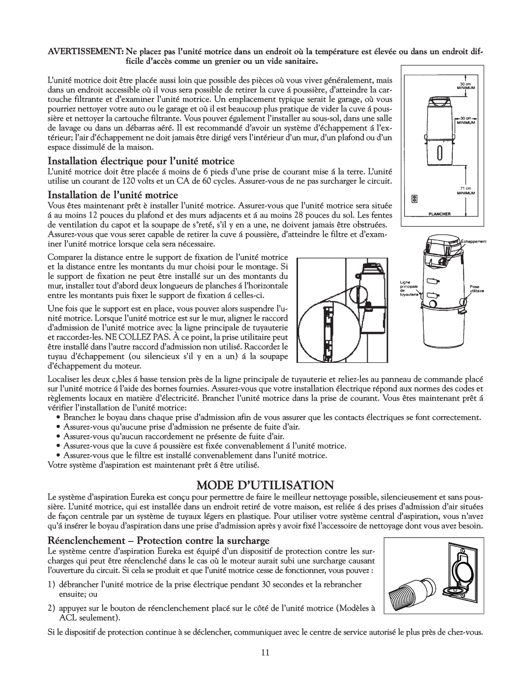 Eureka Vacuum System Cleaner owner manual Mode D’Utilisation, Installation électrique pour l’unité motrice 