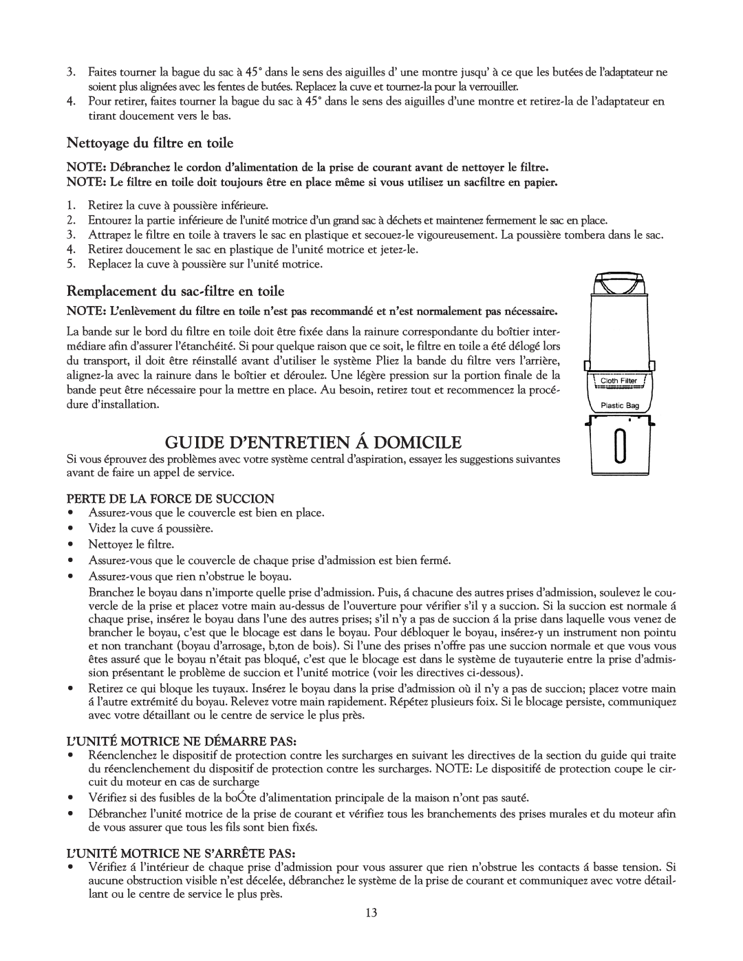 Eureka Vacuum System Cleaner Guide D’Entretien Á Domicile, Nettoyage du filtre en toile, Perte De La Force De Succion 