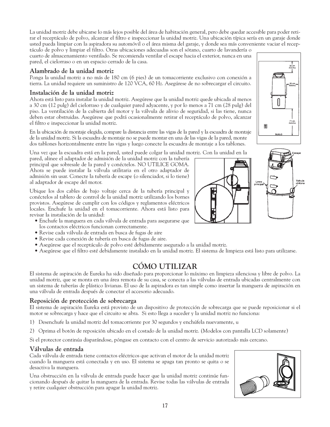 Eureka Vacuum System Cleaner owner manual Cómo Utilizar, Alambrado de la unidad motriz, Instalación de la unidad motriz 