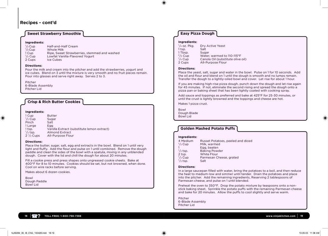 Euro-Pro 1100 manual Recipes cont’d, Sweet Strawberry Smoothie, Crisp & Rich Butter Cookies, Easy Pizza Dough 