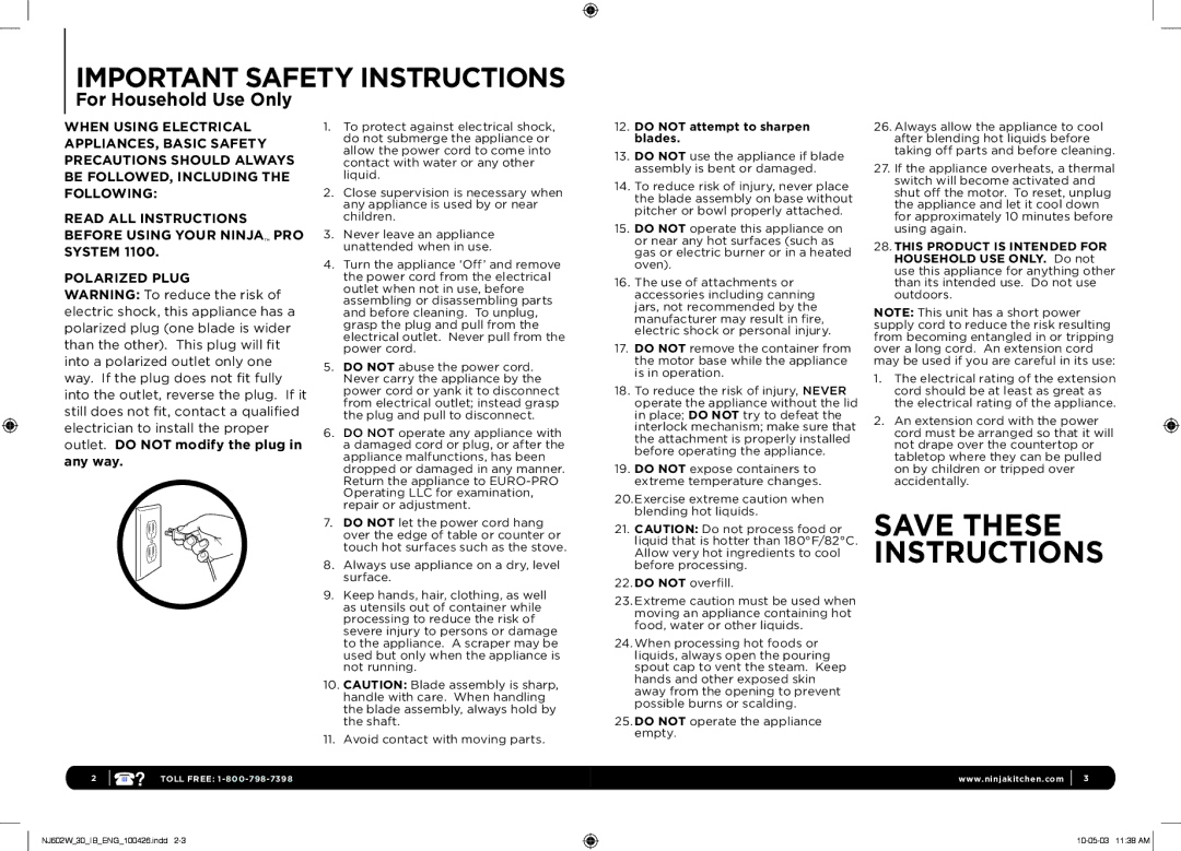 Euro-Pro 1100 manual Important Safety Instructions, System 