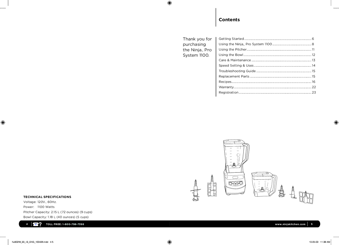 Euro-Pro 1100 manual Contents 