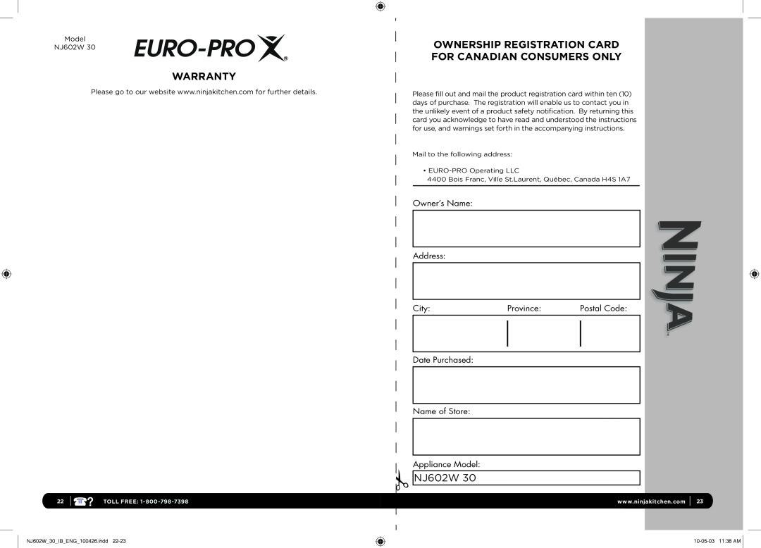 Euro-Pro 1100 manual Warranty, Ownership Registration Card For Canadian Consumers Only, NJ602W 