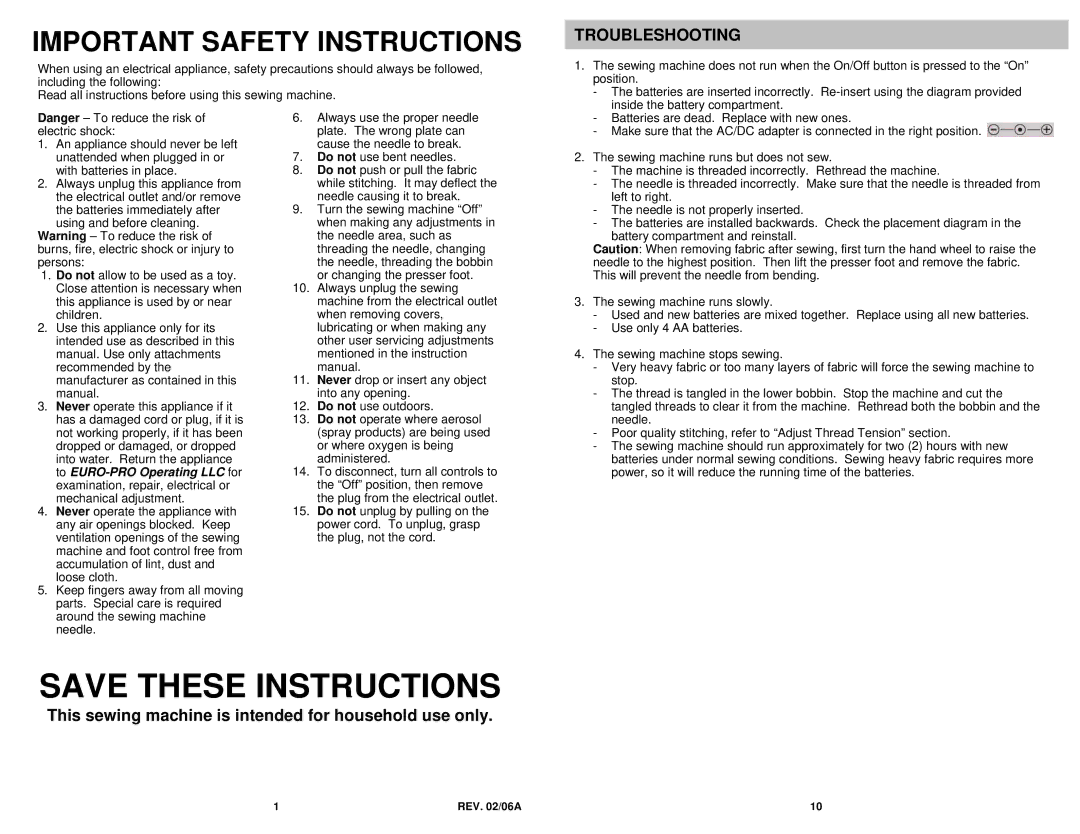 Euro-Pro 1104HW, 1104HV, 1104HG, 1104HB, 1104HP owner manual Important Safety Instructions, Troubleshooting 