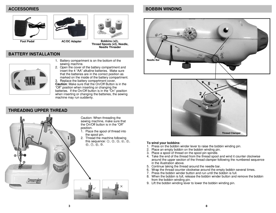 Euro-Pro 1104HP, 1104HV, 1104HG, 1104HW, 1104HB Accessories Bobbin Winding, Battery Installation, Threading Upper Thread 