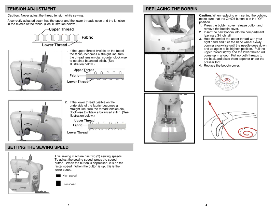 Euro-Pro 1104HV, 1104HG, 1104HW, 1104HB, 1104HP owner manual Tension Adjustment, Setting the Sewing Speed, Replacing the Bobbin 