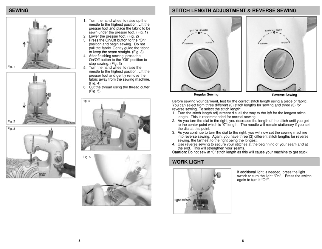 Euro-Pro 1104HG, 1104HV, 1104HW, 1104HB, 1104HP owner manual Stitch Length Adjustment & Reverse Sewing, Work Light 