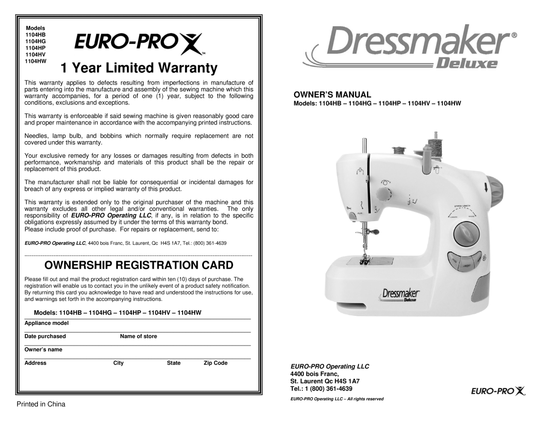 Euro-Pro 1104HG, 1104HV owner manual 1104HW 1 Year Limited Warranty, Owner’S Manual, St. Laurent Qc H4S 1A7 Tel. 1 800 