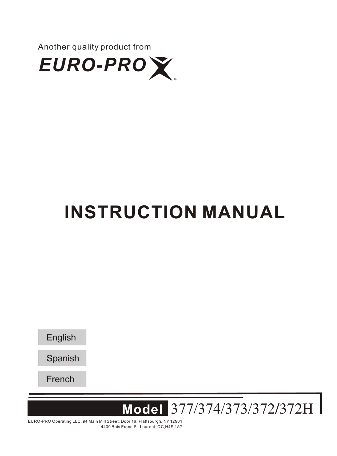 Euro-Pro 372H instruction manual Euro-Pro 